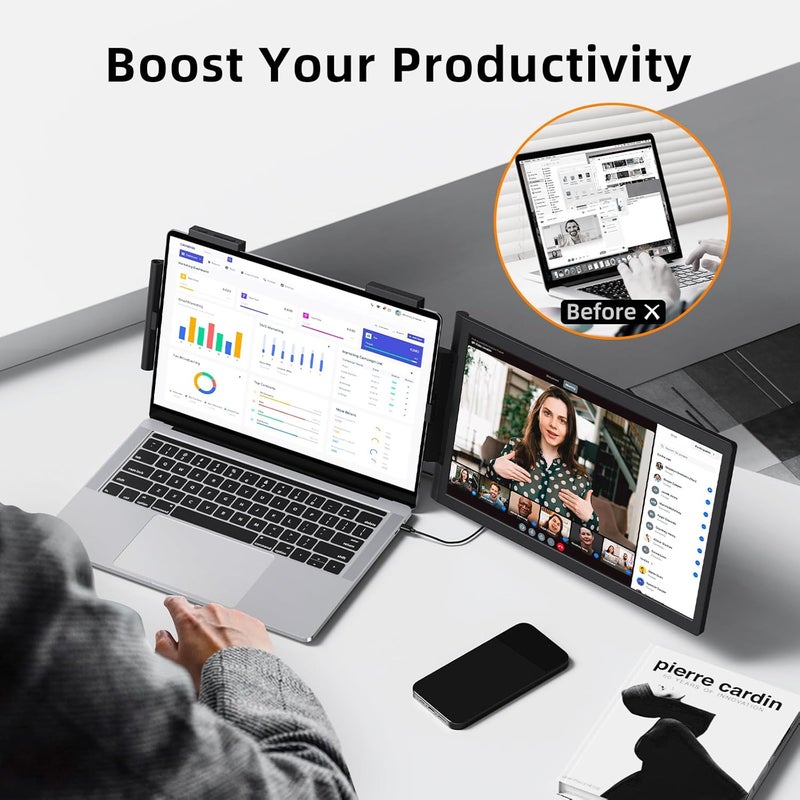 MagicRaven Laptop Screen Extender, 14" 1080P Dual Screen, 250° Rotation Portable Monitor for Laptop, Travel Display for 14-17'' Laptop with USB-C/HDMI Port, Plug & Play for Windows/Mac - Image 3
