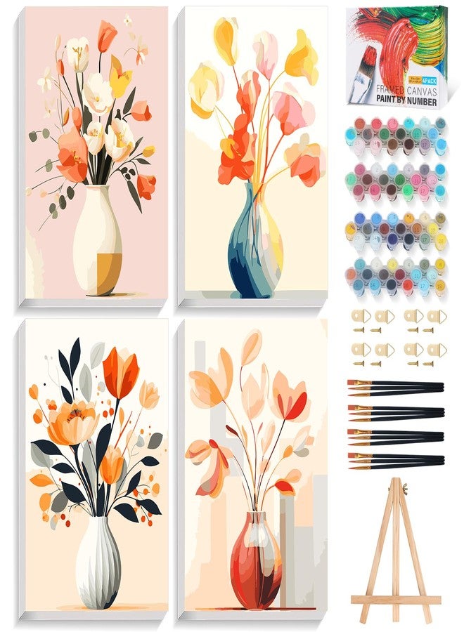 Offito 4 Pack Framed Paint by Numbers Kit for Adults Beginners with Wooden Easel, Flowers Easy Paint by Number Kit with Frame, Watercolor Adult Paint by Number Framed Canvas (8 * 12 Inch) - Image 1