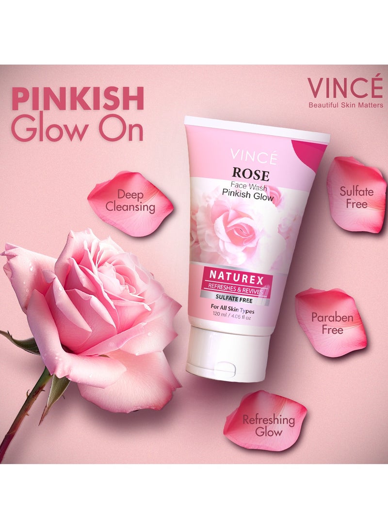 فينس غسول الوجه بالورد - توهج وردي - تنظيف عميق وترطيب - يعزز لون البشرة، ويزيل الأوساخ والشوائب، ويعزز التوهج الطبيعي، ويترك البشرة ناعمة ومغذية - خالٍ من الكبريتات، 120 مل - Image 2