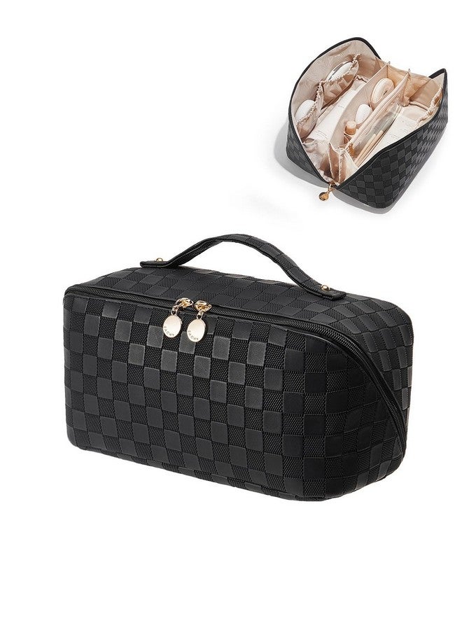 EACHY Travel Makeup Bag, Large Capacity Cosmetic Bags for Women, Waterproof Portable Open Flat Toiletry Bag Make up Bag with Divider and Handle, Gifts for Women (LD-Black, Large) - Image 1