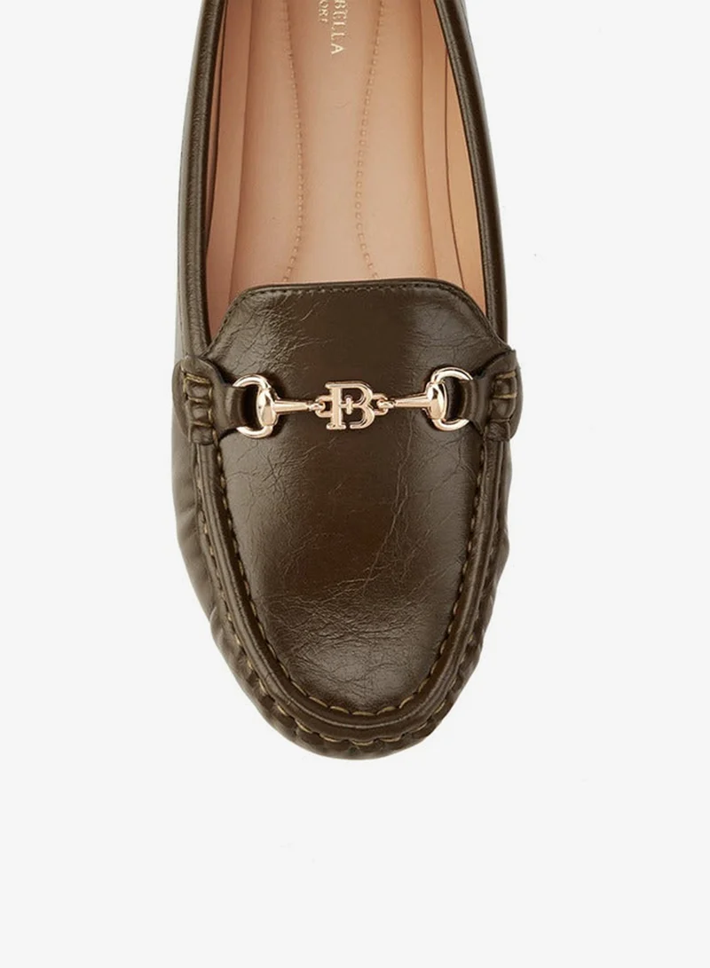 Flora Bella By Shoexpress OLIVE Solid Slip-On Loafers with Metallic Accent for Women | Best Price UAE