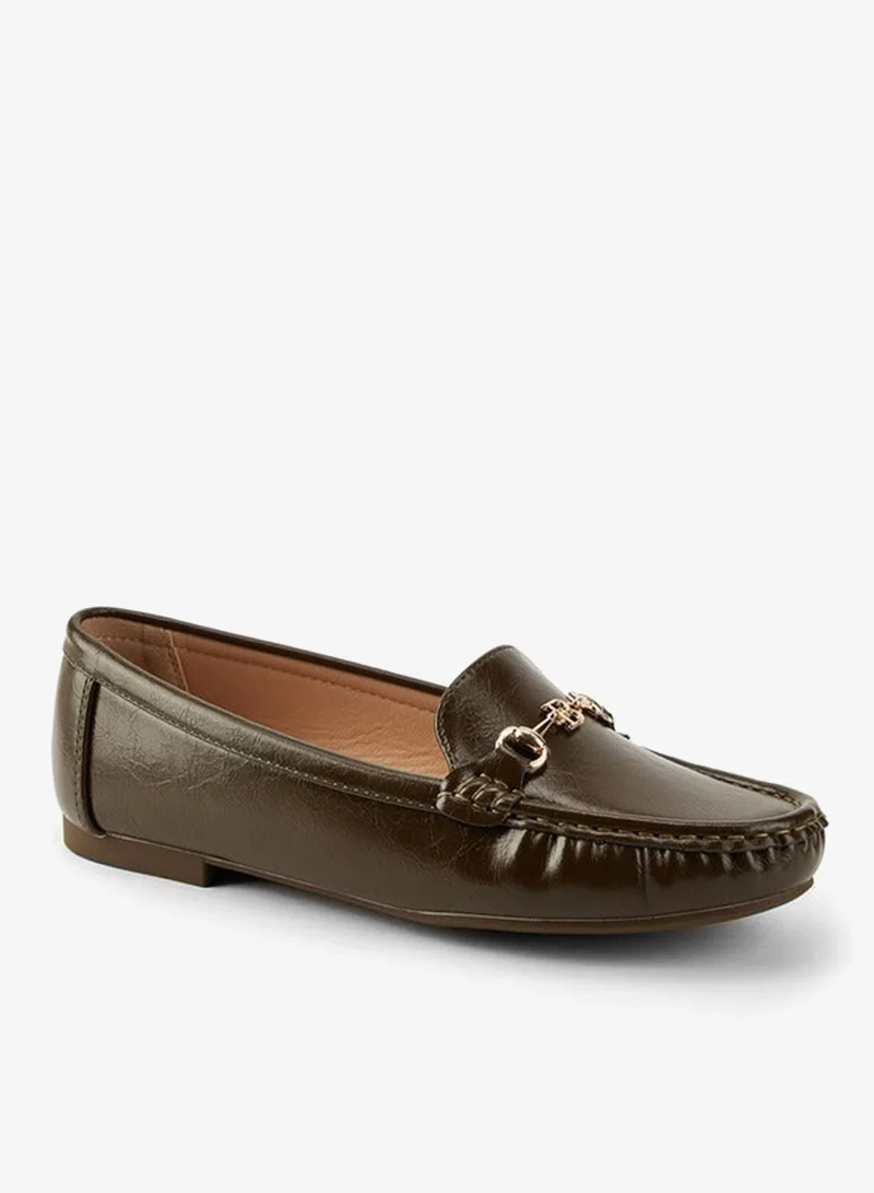 Flora Bella By Shoexpress OLIVE Solid Slip-On Loafers with Metallic Accent for Women | Best Price UAE