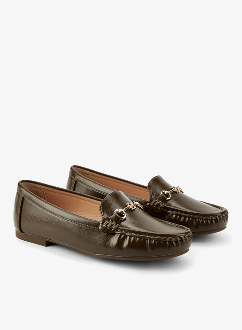 Flora Bella By Shoexpress OLIVE Solid Slip-On Loafers with Metallic Accent for Women | Best Price UAE