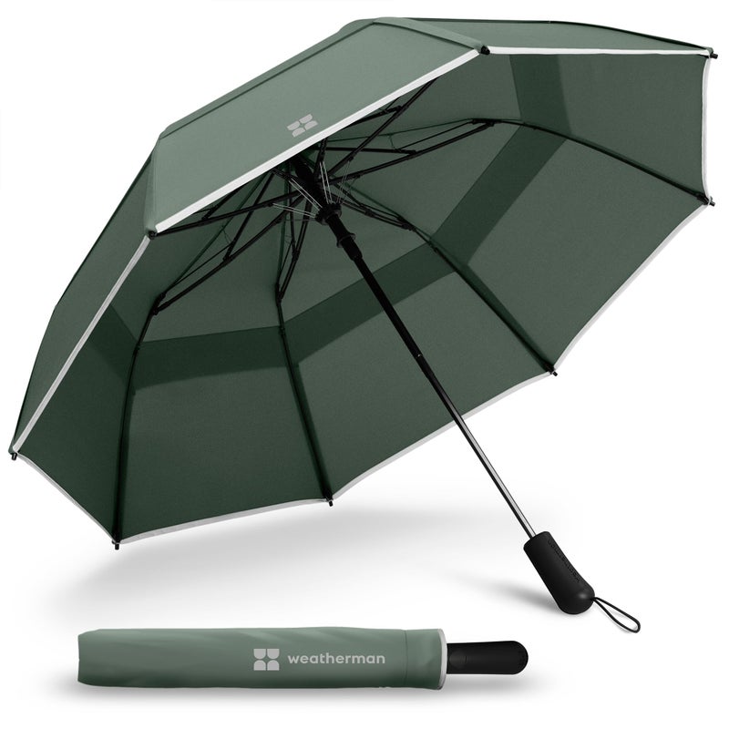 Weatherman Premium Collapsible Small Travel Umbrella Compact - Windproof, Resists Up to 55 MPH Winds - Foldable Travel Umbrellas for Rain & Wind - Easy Auto Open w/Strong Fiberglass Frame (Sage) - Image 1