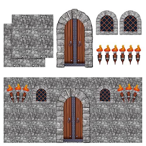 TaoBary 11 Pieces Medieval Party Decorations Kit Medieval Scene Castle Decorations Set Including Stone Wall Backdrop Door Windows Torch Props for Halloween Castle Party Wall Decor Accessory - Image 1