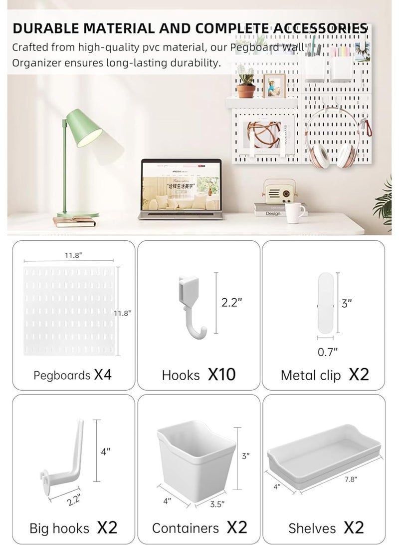 Wall Pegboard Organiser Set, 11.8" x 11.8" Panels with Storage Hooks, Shelves and Photo Clips (White) - Image 2