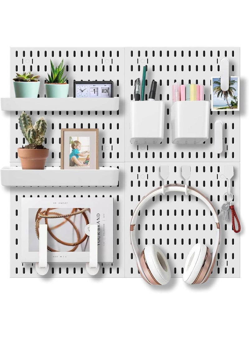 Wall Pegboard Organiser Set, 11.8" x 11.8" Panels with Storage Hooks, Shelves and Photo Clips (White) - Image 1