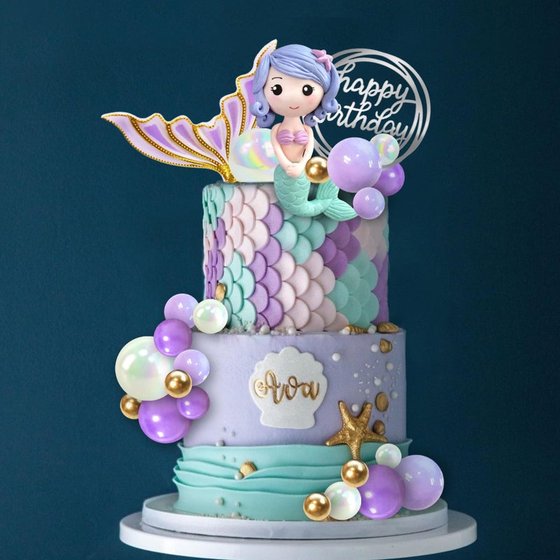 DRWATE Mermaid Cake Toppers Under the Sea Tail Cake Decorations Gold Purple Pearl Ball for Mermaid Theme Birthday Supplies Style 2 - Image 2