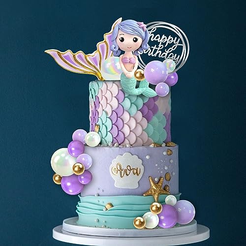 DRWATE Mermaid Cake Toppers Under the Sea Tail Cake Decorations Gold Purple Pearl Ball for Mermaid Theme Birthday Supplies Style 2 - Image 1
