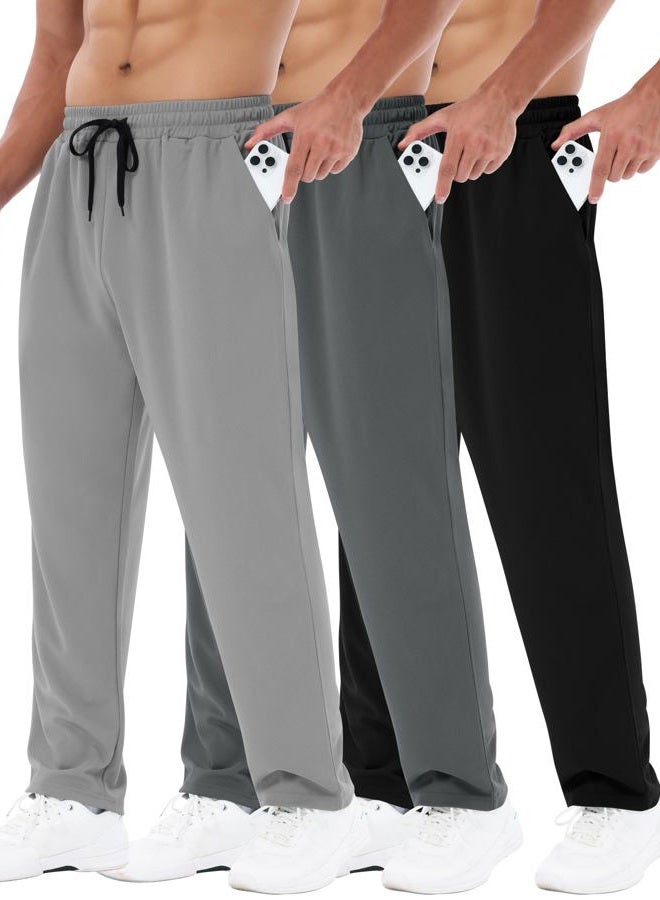 BOOJO 3 Pack Mens Sweatpants with Pockets - Mesh Open Bottom Athletic Joggers for Men Loose Fit Gym Workout Running Pants, 4-black/Dark Grey/Light Grey, L - Image 1