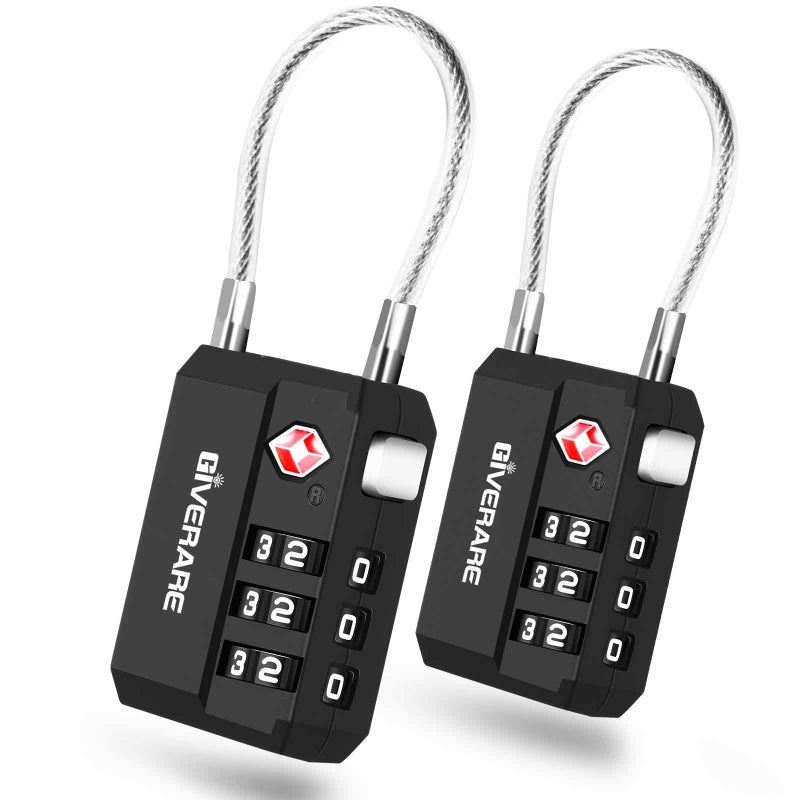 GIVERARE 2 Pack TSA Approved Travel Luggage Locks, Cable Combination Lock 3-Digit, Keyless Suitcase Padlocks, Weatherproof Padlock for Locker, Golf Bag, Gun Case, Backpack, Anti Theft, Easy Read Dials-Black - Image 1