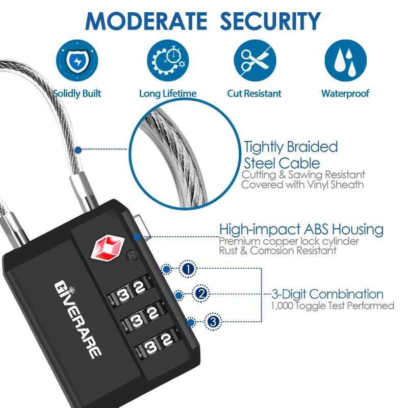 GIVERARE 2 Pack TSA Approved Travel Luggage Locks, Cable Combination Lock 3-Digit, Keyless Suitcase Padlocks, Weatherproof Padlock for Locker, Golf Bag, Gun Case, Backpack, Anti Theft, Easy Read Dials-Black - Image 3