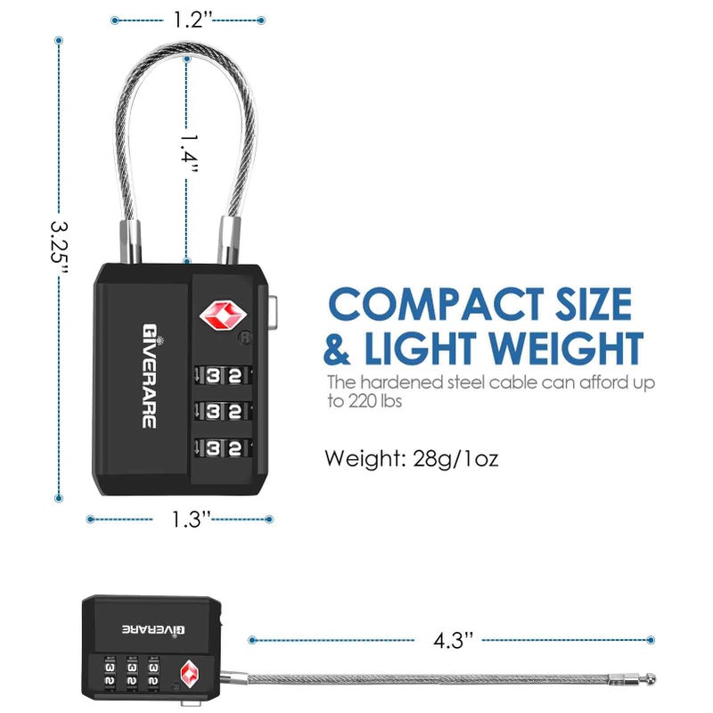 GIVERARE 2 Pack TSA Approved Travel Luggage Locks, Cable Combination Lock 3-Digit, Keyless Suitcase Padlocks, Weatherproof Padlock for Locker, Golf Bag, Gun Case, Backpack, Anti Theft, Easy Read Dials-Black - Image 2