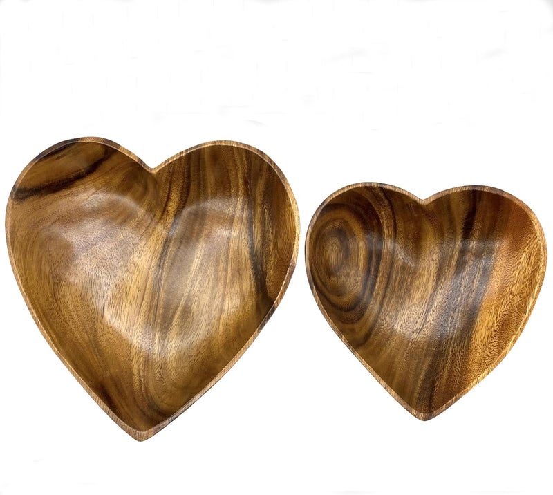 WRIGHTMART Handcrafted Acacia Wood Heart Bowl Set of 2  Decorative Serving Bowls for Salad Snacks Jewelry Candle Display  10  8 Sizes - Image 1