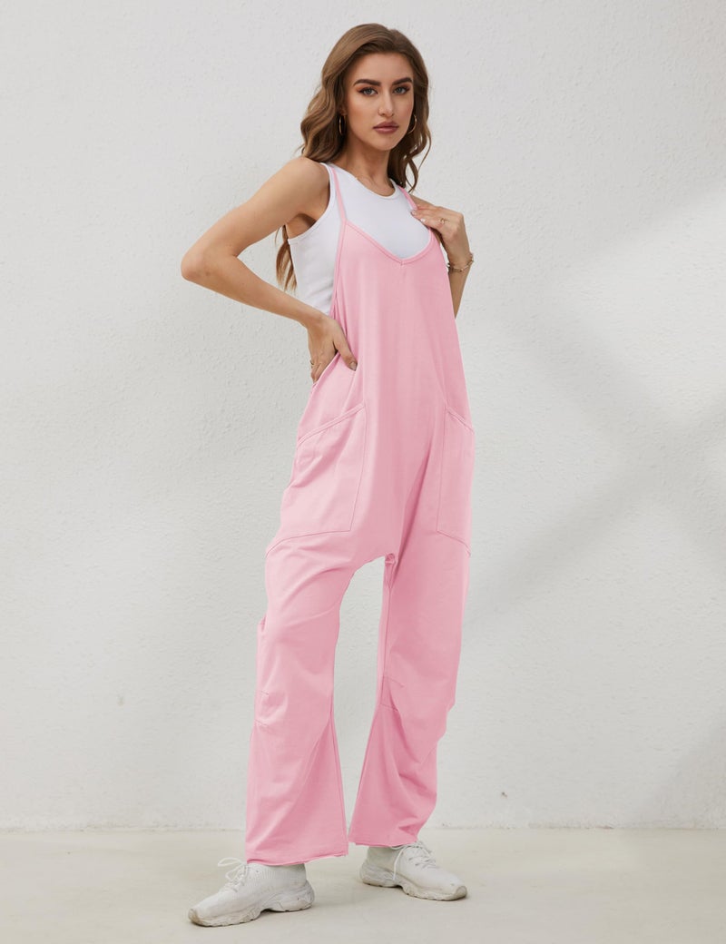 Lentta Women's Causal Jumpsuits V Neck Sleeveless Harem Overalls Stretchy Adjustable Strap Romper with Pockets(Pink-XL) - Image 5