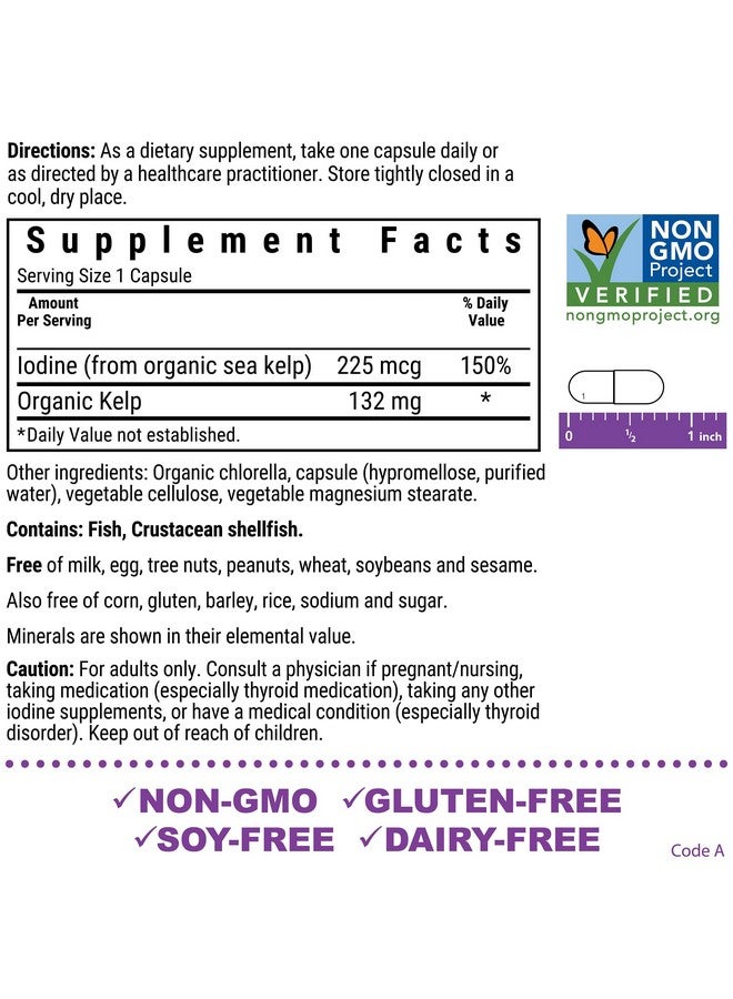 بلو بونيه Bluebonnet Nutrition Atlantic Sea Kelp Iodine 225 mcg - عشب البحر الأمريكي المزروع عضويًا - معتمد من مشروع الكائنات غير المعدلة وراثيًا، خالٍ من الجلوتين، خالٍ من الصويا، خالٍ من منتجات الألبان - 120 كبسولة نباتية - Image 2