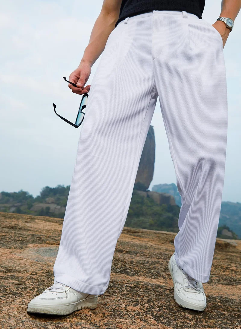 Campus Sutra Men's Cream White Straight-Fit Ribbed Trousers For Casual Wear | Mid-Rise | Regular Fit | Button Closure | Trousers Crafted With Comfort Fit For Everyday Wear