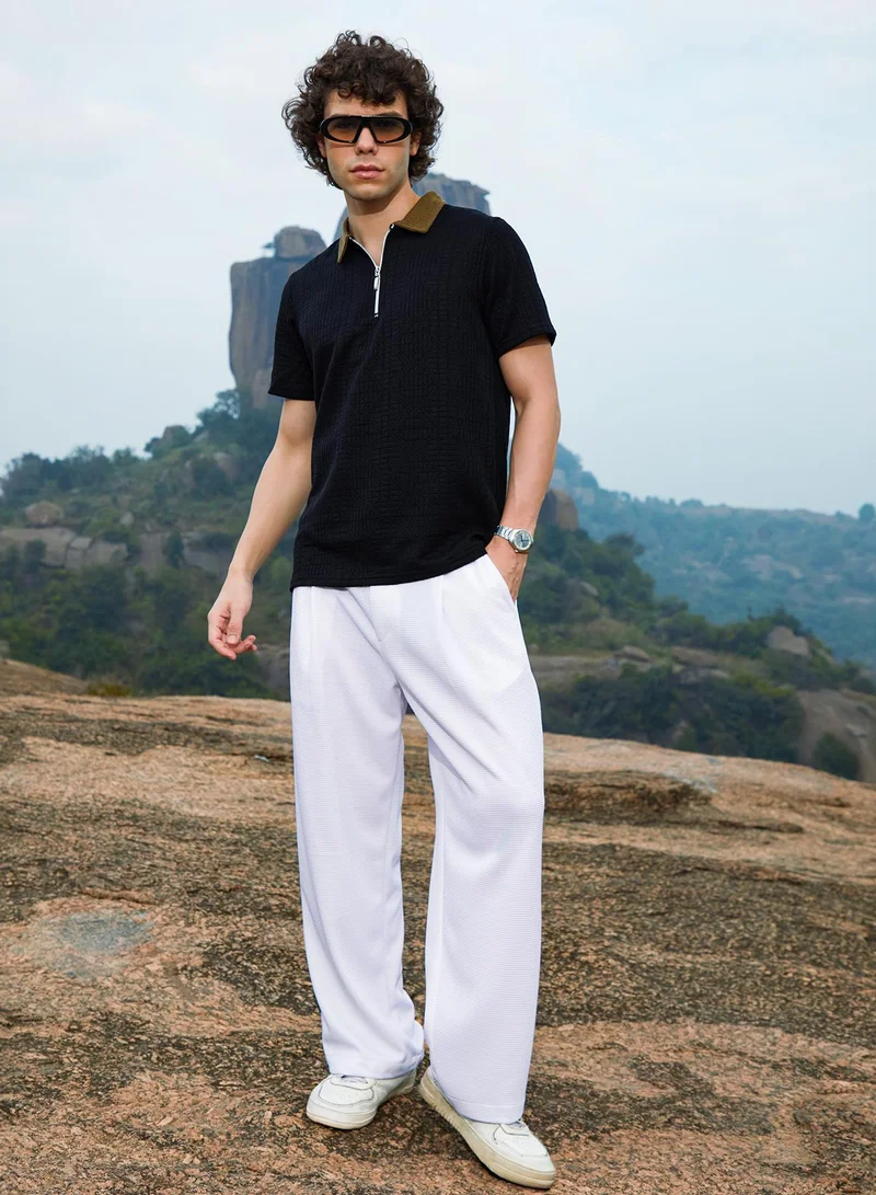 Campus Sutra  Men's Cream White Straight-Fit Ribbed Trousers For Casual Wear | Mid-Rise | Regular Fit | Button Closure | Trousers Crafted With Comfort Fit For Everyday Wear for Men | Best Price UAE
