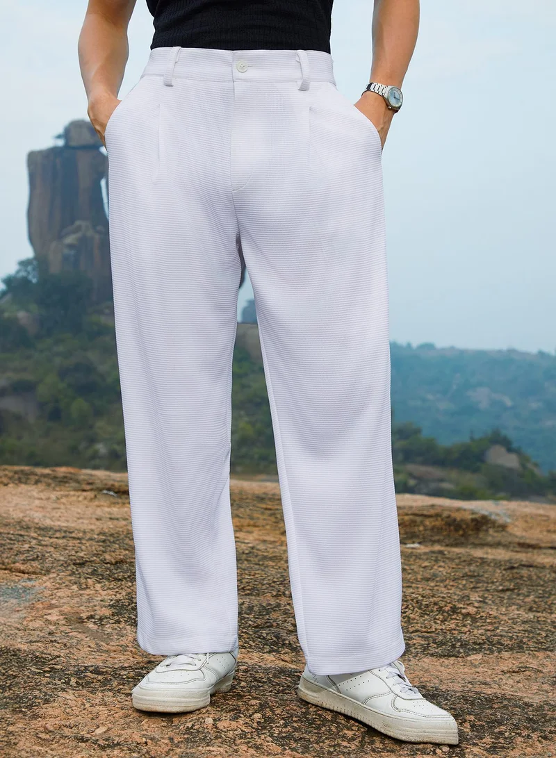 Campus Sutra Men's Cream White Straight-Fit Ribbed Trousers For Casual Wear | Mid-Rise | Regular Fit | Button Closure | Trousers Crafted With Comfort Fit For Everyday Wear