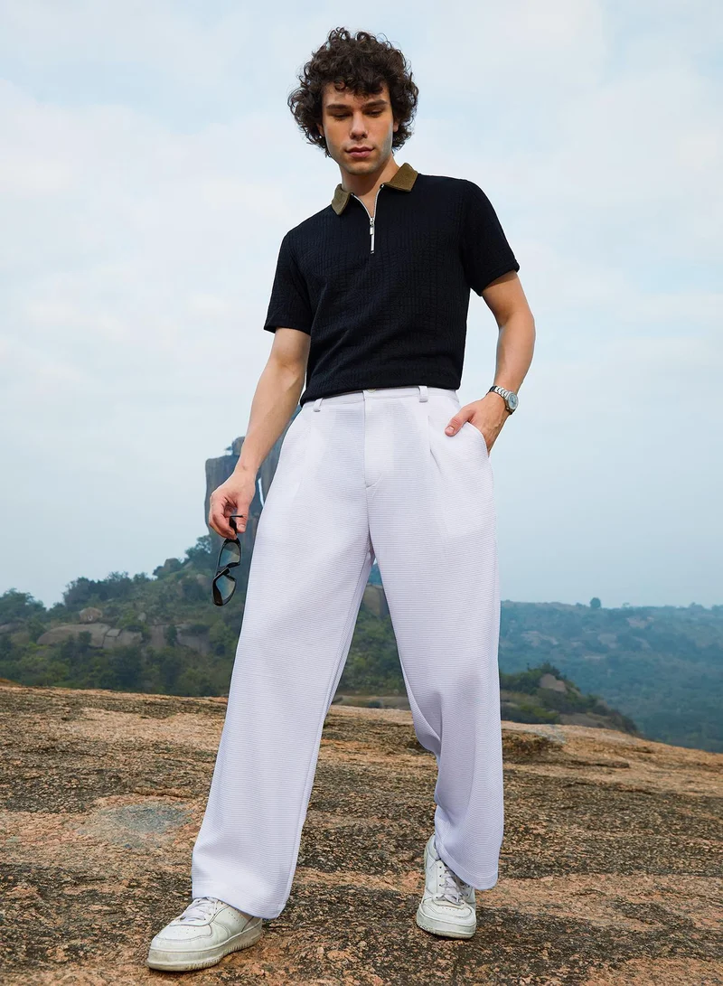 Campus Sutra  Men's Cream White Straight-Fit Ribbed Trousers For Casual Wear | Mid-Rise | Regular Fit | Button Closure | Trousers Crafted With Comfort Fit For Everyday Wear for Men | Best Price UAE