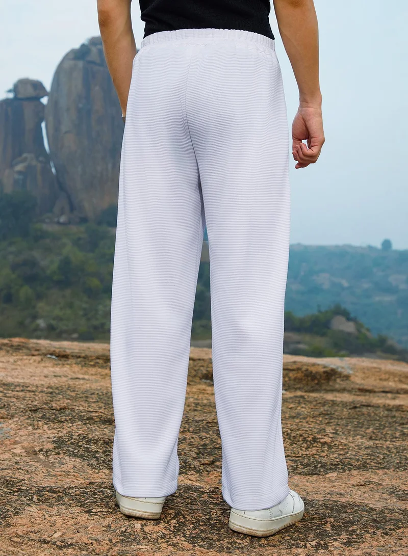Campus Sutra  Men's Cream White Straight-Fit Ribbed Trousers For Casual Wear | Mid-Rise | Regular Fit | Button Closure | Trousers Crafted With Comfort Fit For Everyday Wear for Men | Best Price UAE