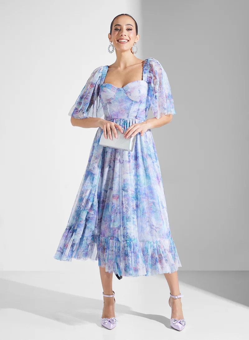 Lace and Beads Floral Chiffon Midi Dress