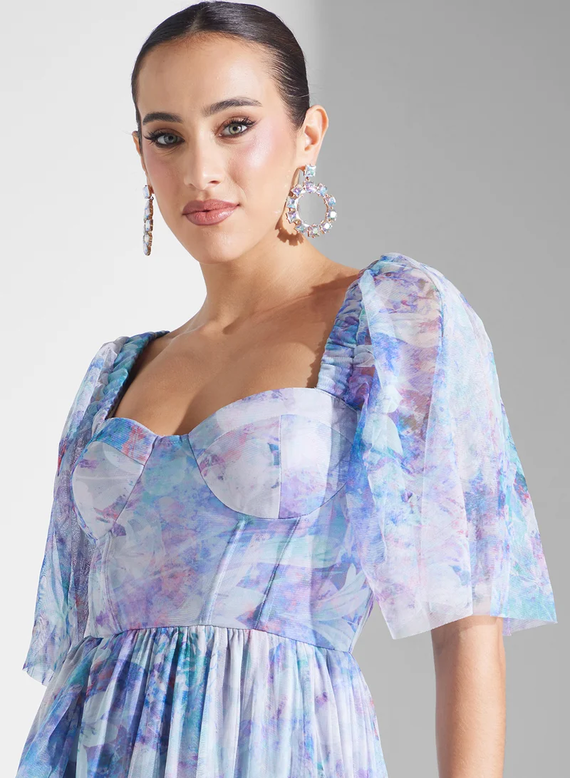 Lace and Beads Floral Chiffon Midi Dress