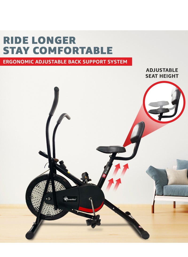 PowerMax Fitness BU-201 Dual Action Air Bike Exercise Cycle for Home-Gym Workout With Adjustable Cushioned Seat | Non-Slip Pedals |Moving Handles Gym Bike for Max user 120kg, Belt Drive - Image 5