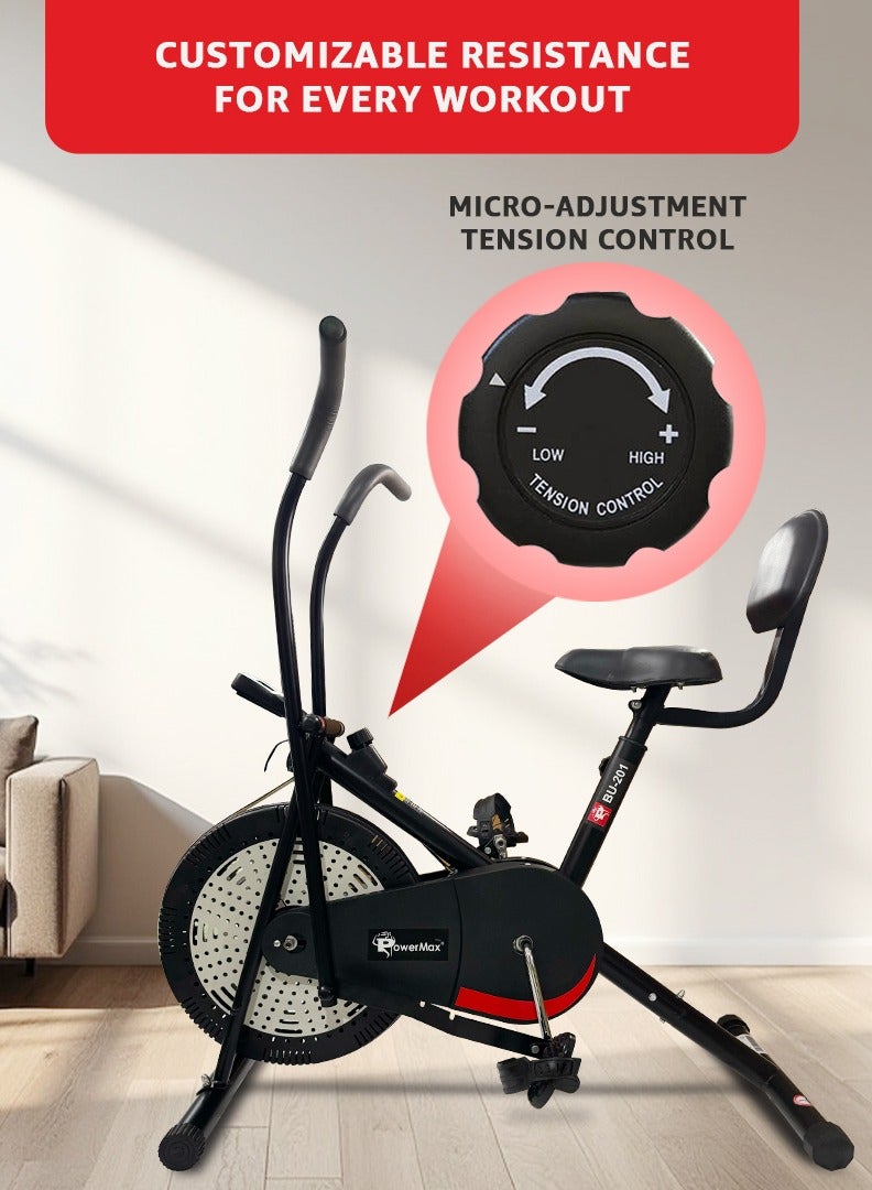 PowerMax Fitness BU-201 Dual Action Air Bike Exercise Cycle for Home-Gym Workout With Adjustable Cushioned Seat | Non-Slip Pedals |Moving Handles Gym Bike for Max user 120kg, Belt Drive - Image 4