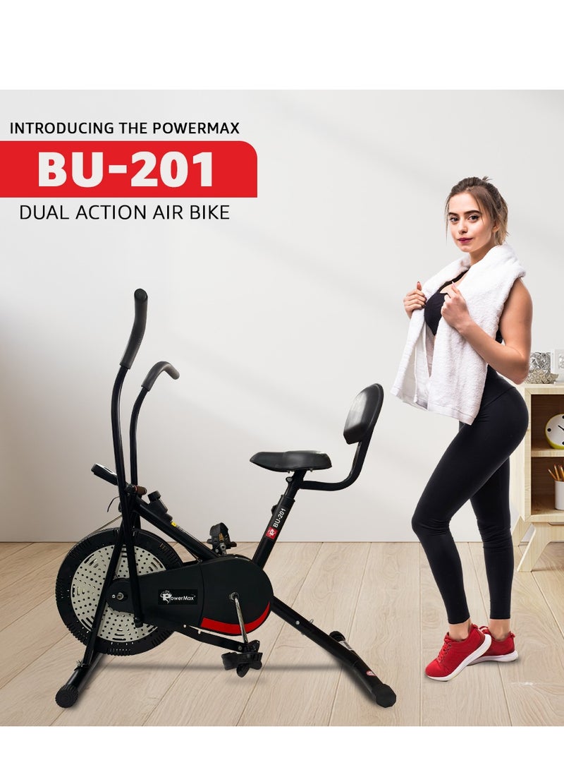 PowerMax Fitness BU-201 Dual Action Air Bike Exercise Cycle for Home-Gym Workout With Adjustable Cushioned Seat | Non-Slip Pedals |Moving Handles Gym Bike for Max user 120kg, Belt Drive - Image 2