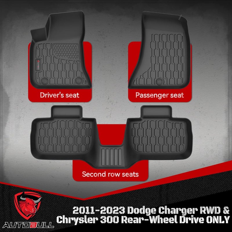 AUTOBULL All Weather Floor Mats for 2011-2023 Dodge Charger RWD & Chrysler 300 - Custom Fit TPE Liners, Black - Image 2