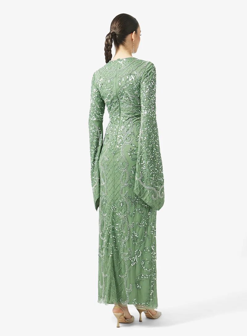 MARYISA Embellished Long Sleeve Maxi Dress