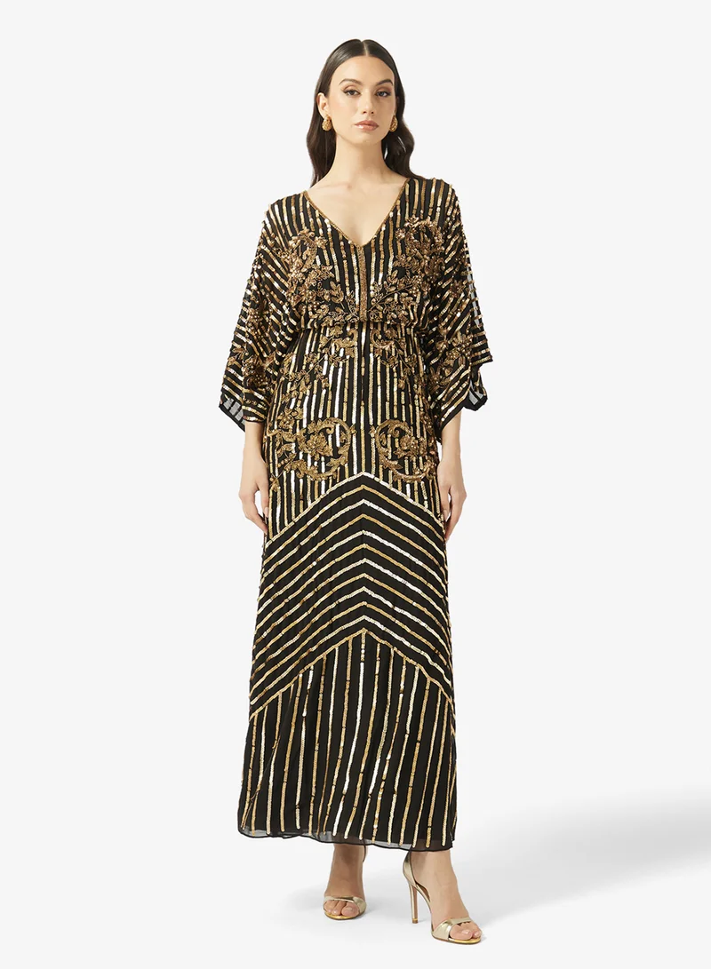 Flared Sleeve V Neck Maxi Dress