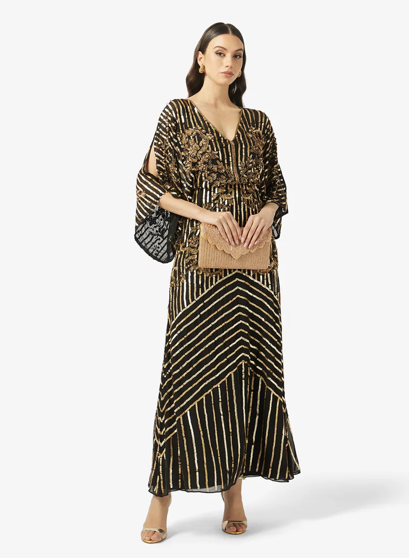 Frock And Frill  Flared Sleeve V Neck Maxi Dress for Women | Best Price UAE