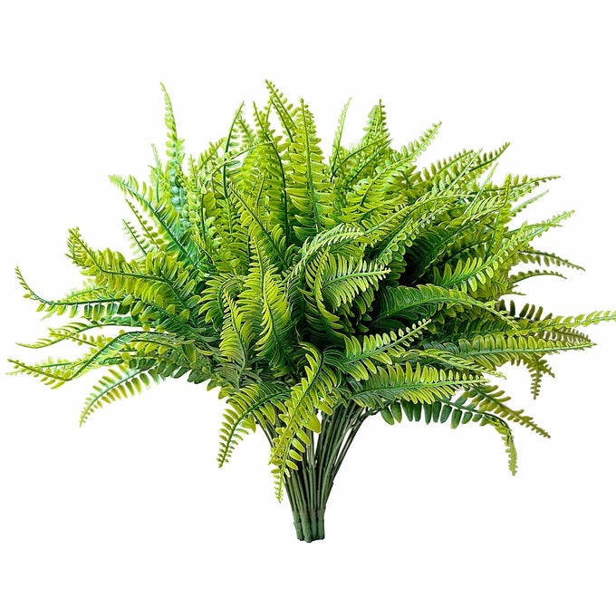 8 BUNDLES FERNS ARTIFICIAL PLANT FLOWER OUTDOOR FAKE BOSTON FERN BUSHES UV RESISTANT PLASTIC FAUX FERN GREENERY STEMS LEAVES FOR HOME INDOOR OUTSIDE GROUND PORCH GARDEN ARRANGEMENTS DCOR
