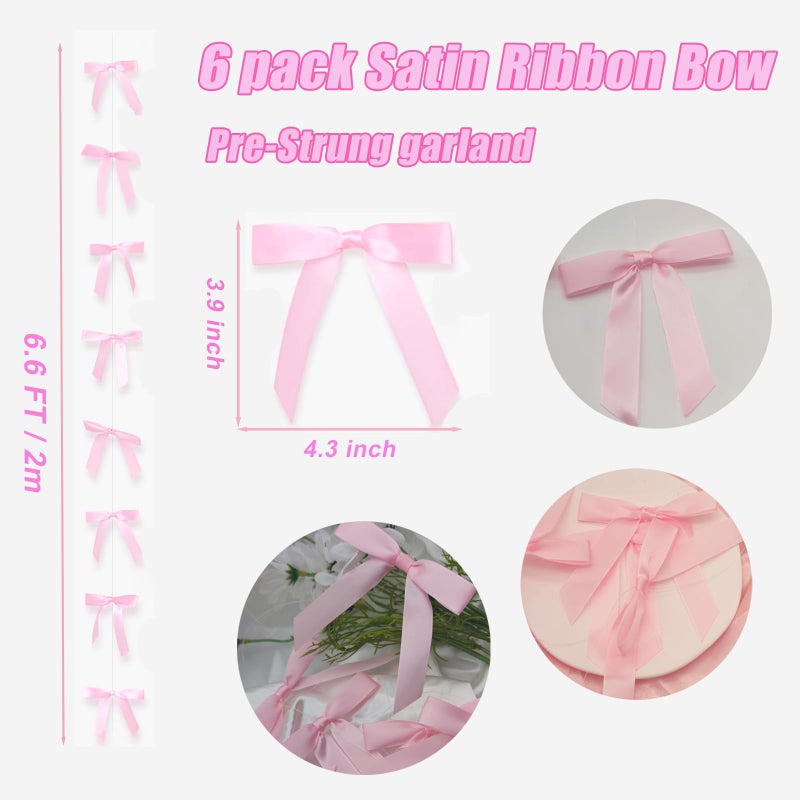 OVIFICEA 6 Pack Pink Bow Decor Satin Ribbon Bow Garland, Bow Birthday Party Hanging Decorations Banner for Coquette Birthday, Bachelorette Party, Bridal Shower,Wedding Favors,Engagement Supplies - Image 5