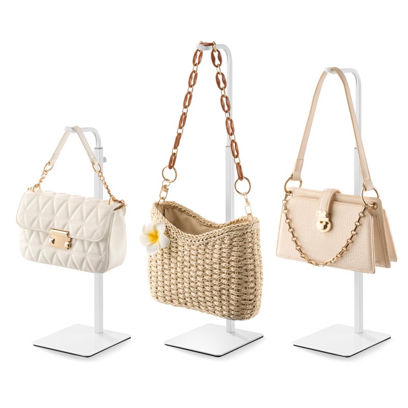 pickpiff 3 Pack Purse Holder Handbag Display Stand: White Hanger Rack for Bags, Purses, and Wreath, Adjustable Hook Stand for Tabletop, Closet, and Retail Use for Vendors - Image 1