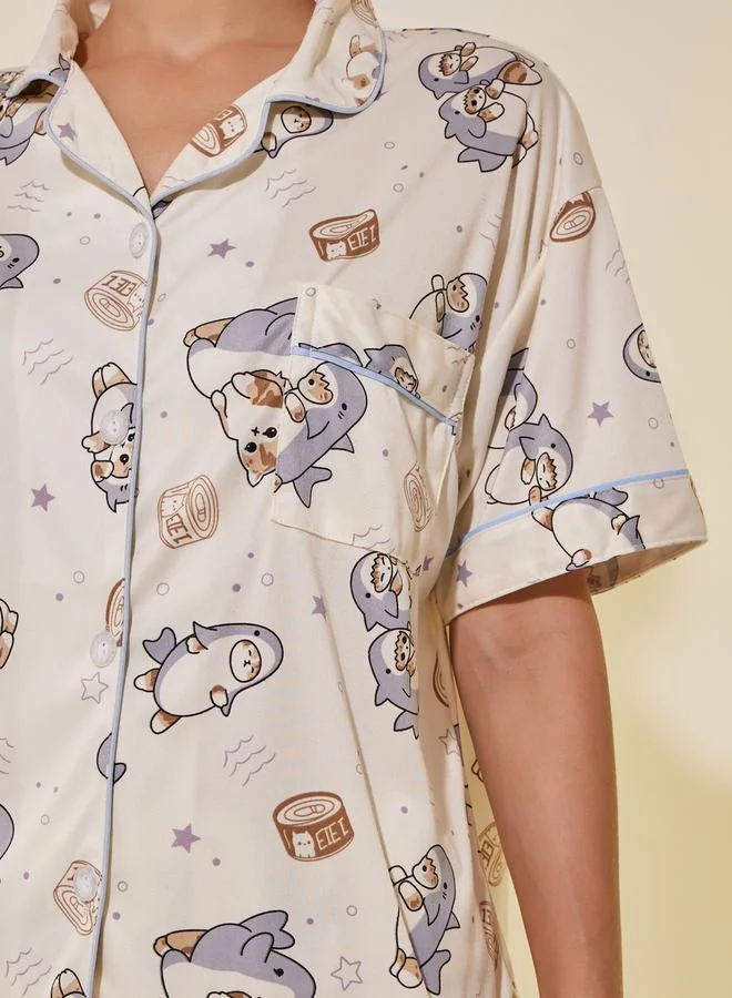 Take Two Cartoon Printed Short Sleeve Shirt, Shorts and Pyjama Set