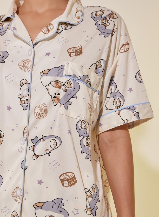 تايك تو طقم بيجامة قطن بطبعة كرتونية - قميص بأكمام قصيرة وشورت - Image 3