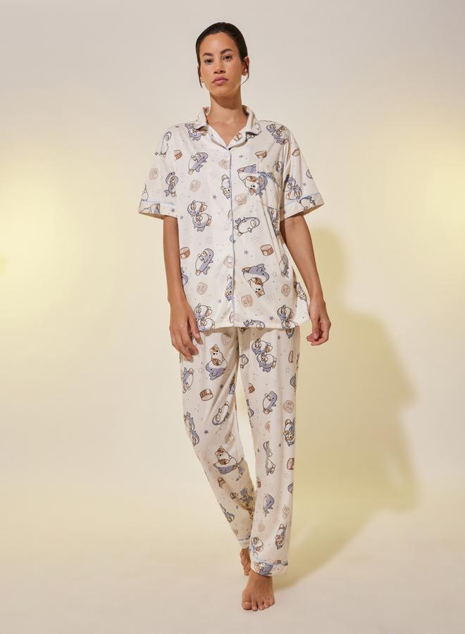 تايك تو طقم بيجامة قطن بطبعة كرتونية - قميص بأكمام قصيرة وشورت - Image 1