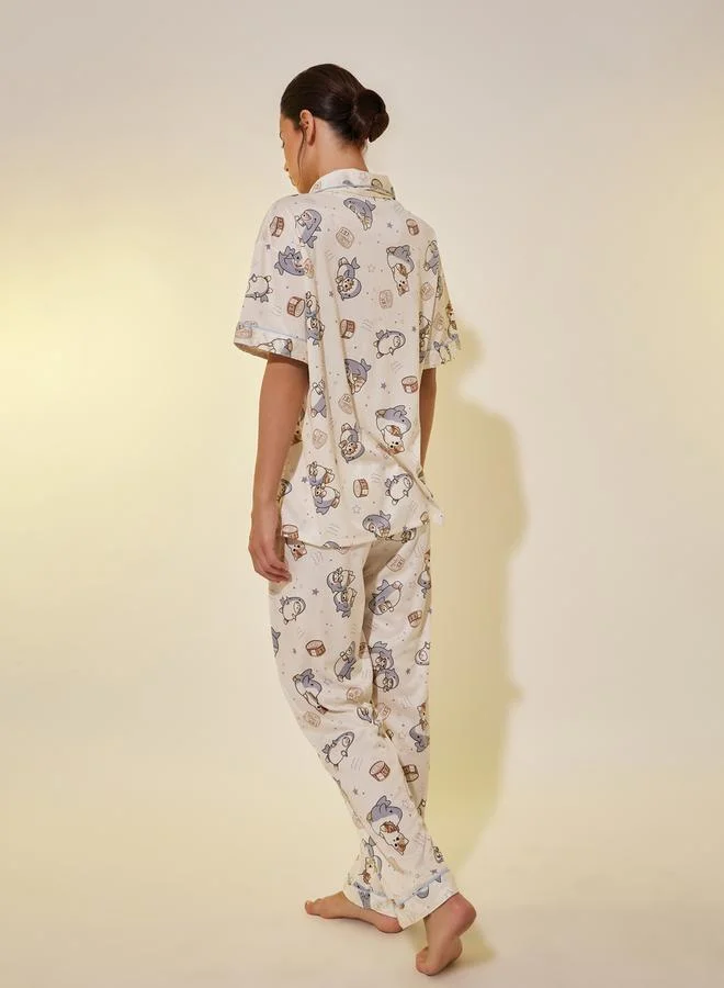 Take Two Cartoon Printed Short Sleeve Shirt, Shorts and Pyjama Set