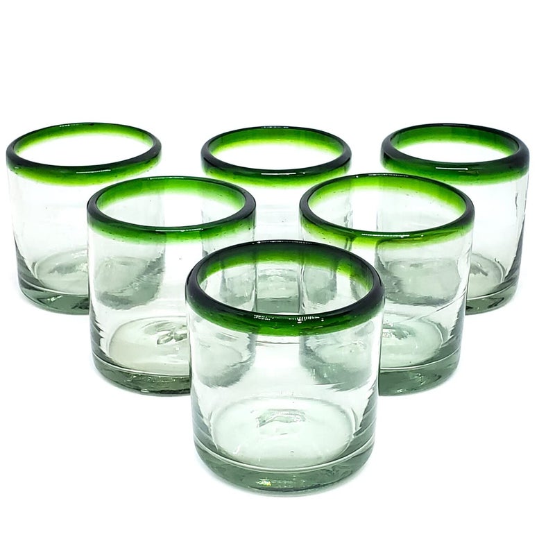 MexHandcraft MexHandcraft Emerald Green Rim 8 oz DOF Rock Glasses set of 6 Recycled Glass Leadfree ToxinFree DOF Rocks 