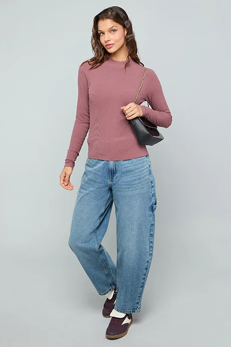 R&b Ribbed Top With High Neck and Long Sleeves