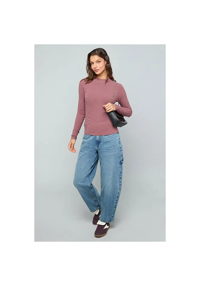 R&b Ribbed Top With High Neck and Long Sleeves