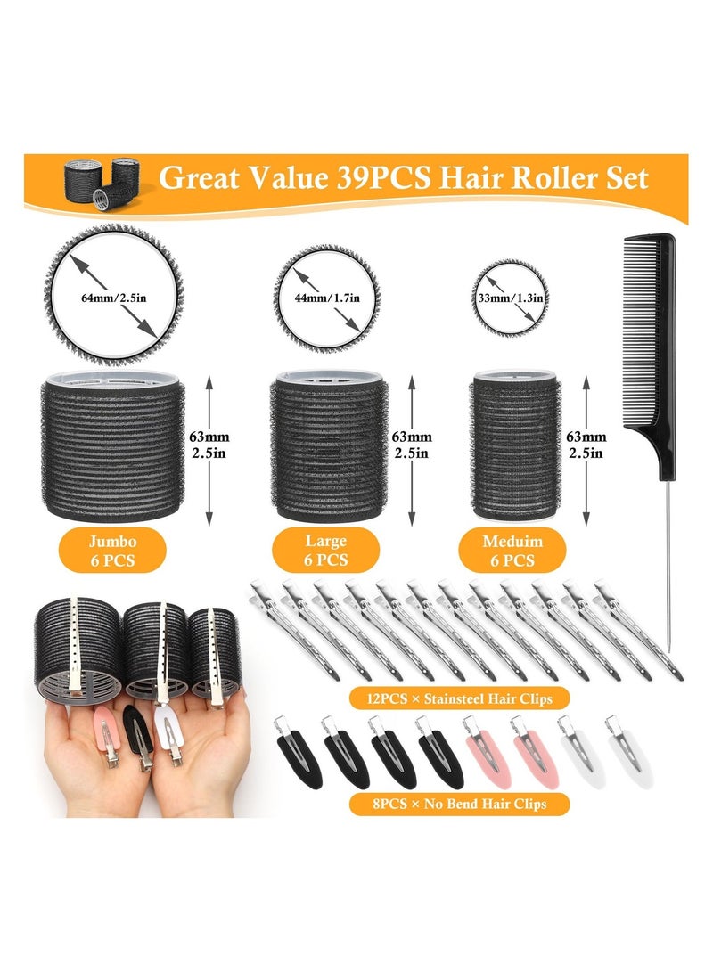 KHAJUL 39PCS Hair Curlers Rollers with Clips Black Hair Roller, Jumbo Hair Roller with 12PCS Duckbill Clips Hair Rollers, For Long Medium Short Thick Fine Volume Bangs Hair (Multicolour) - Image 3