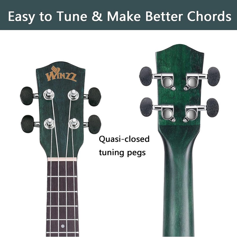Winzz HAND RUBBED Series - 21 Inches Soprano Ukulele Vintage Hawaiian Uke with Online Lessons, Bag, Tuner, Strap, Extra Strings, Fingerboard Sticker, Dark Hunter Green - Image 4
