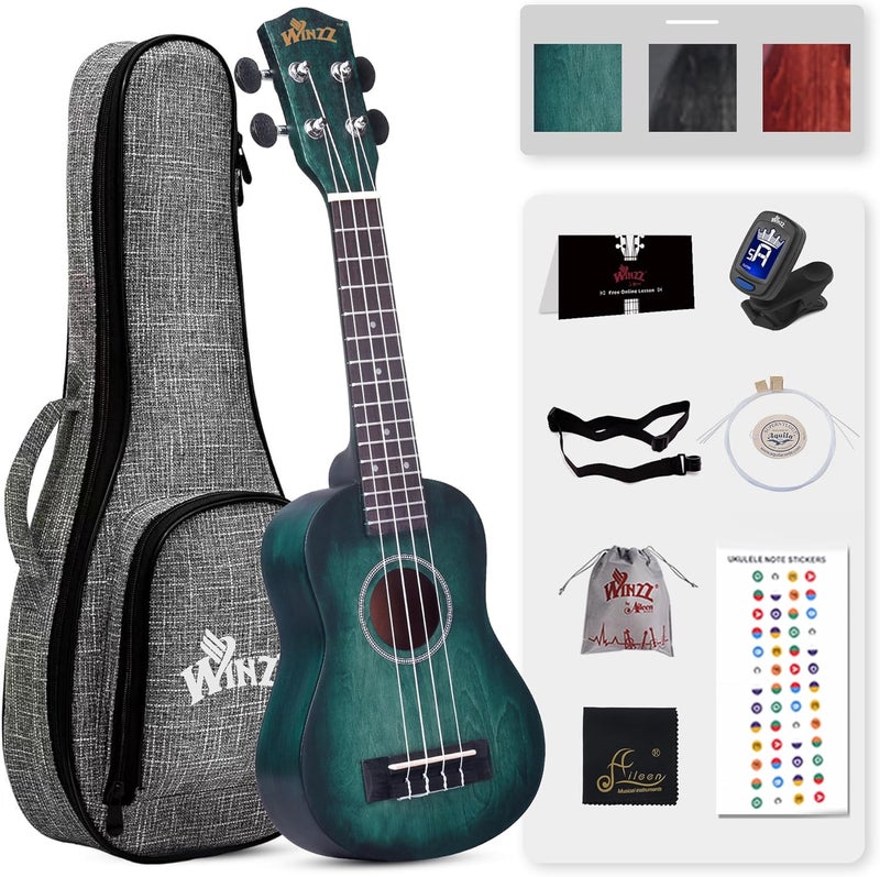 Winzz HAND RUBBED Series - 21 Inches Soprano Ukulele Vintage Hawaiian Uke with Online Lessons, Bag, Tuner, Strap, Extra Strings, Fingerboard Sticker, Dark Hunter Green - Image 1