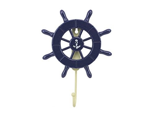 Handcrafted Nautical Decor Dark Blue Decorative Ship Wheel with Anchor with Hook 6" - Wooden Ships Wheel - - Image 1