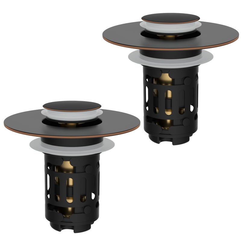 Hibbent 2 Pack 3 in 1 Bathroom Sink Drain Strainer Pop Up Stopper with Removable Stainless Steel Filter Basket Hair Catcher Sink Plug for 11236 Basin Brass Bullet Core Oil Rubbed Bronze - Image 2