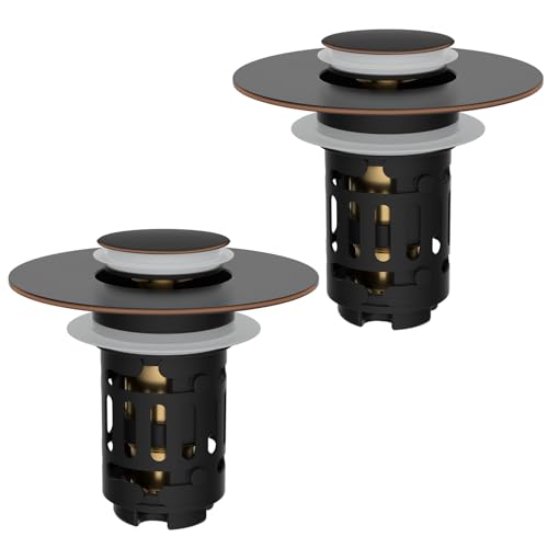 Hibbent 2 Pack 3 in 1 Bathroom Sink Drain Strainer Pop Up Stopper with Removable Stainless Steel Filter Basket Hair Catcher Sink Plug for 11236 Basin Brass Bullet Core Oil Rubbed Bronze - Image 1